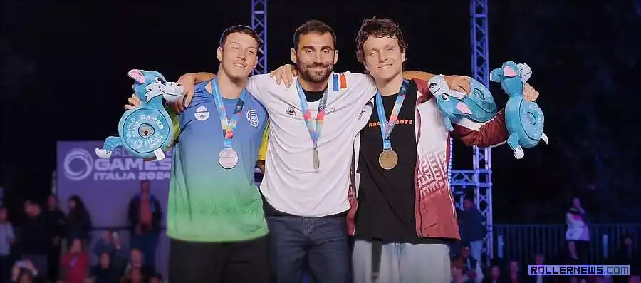 O Patinador Danilo Senna no pódio, recebendo a sua medalha de prata do WSG Itália 2024 – Fonte: Roller News (2024)