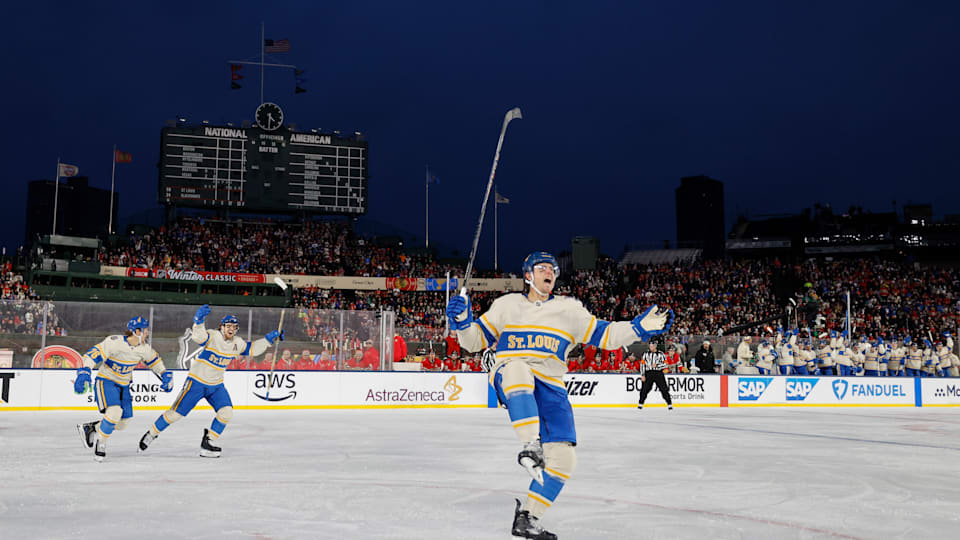 Jogadores Cam Fower comemora o seu gol no Winter Classic 2025 – Fonte: Olympics (2025)