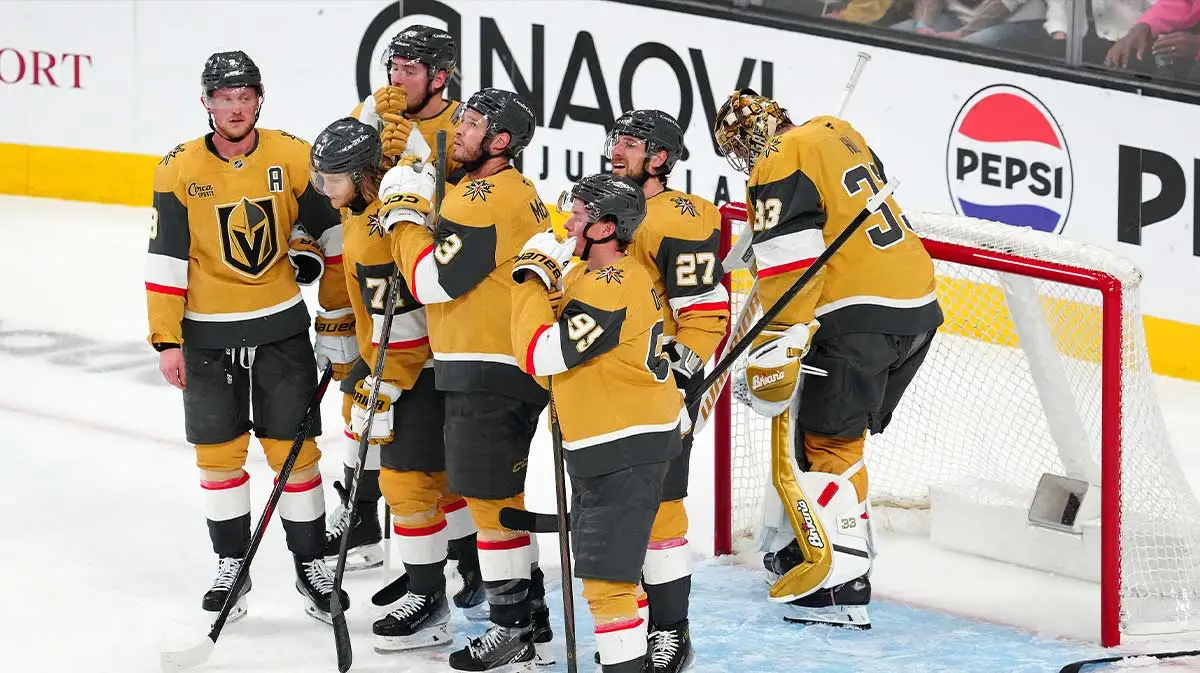 Jogadores do Vegas Golden Knights lamentam a eliminação, no jogo 5, da segunda rodada dos playoffs da NHL 2025, para o Edmonton Oilers – Por: Tristin McKinstry – Fonte: Clutch Points (2025).