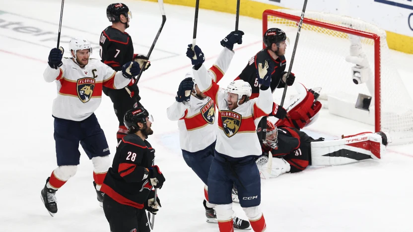 O time da Florida comemora o seu gol no jogo 5 da final da conferência Leste 2025 da NHL, contra a equipe do Carolina Hurricanes, em 28/05/2025 – Fonte: NHL (2025)