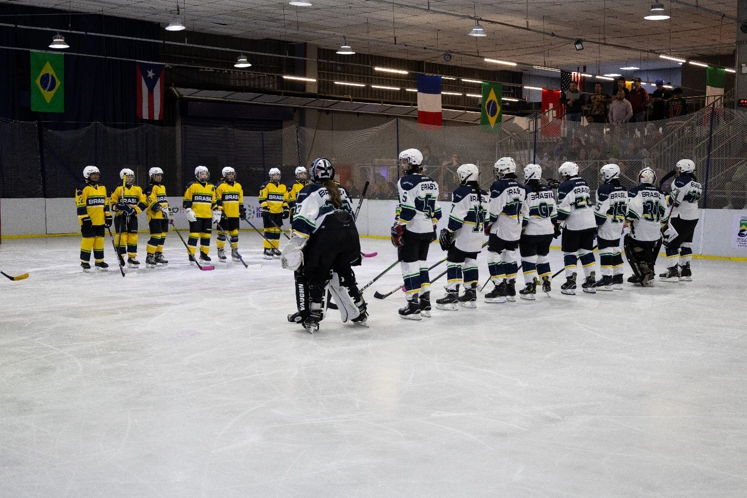 Times feminino de Hockey no gelo do Brasil 1 e Brasil 2, Perfilados para jogo do torneio internacional, na Arena Ice brasil - Foto: Pedro Stanischesk – Ice Hockey Br (2024)