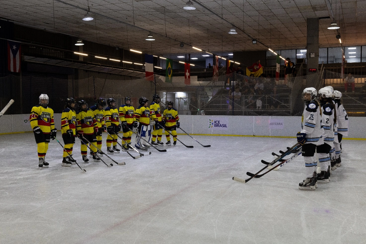 Times da Argentina e Colômbia antes do jogo, no torneio internacional, na Arena Ice brasil - Foto: Pedro Stanischesk – Ice Hockey Br (2024)