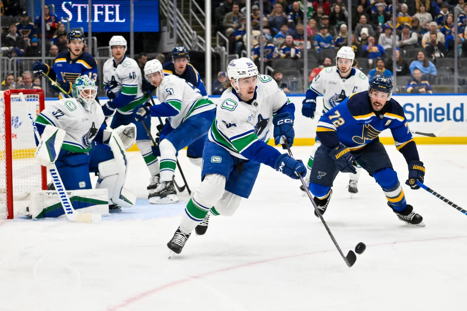3- jogo entre St. Louis Blues e Vancouver Canucks no dia 27/01/2025, no Enterprise Center - Crédito obrigatório: Jeff Curry-Imagn Images – Fonte: Sports Yahoo (2025)