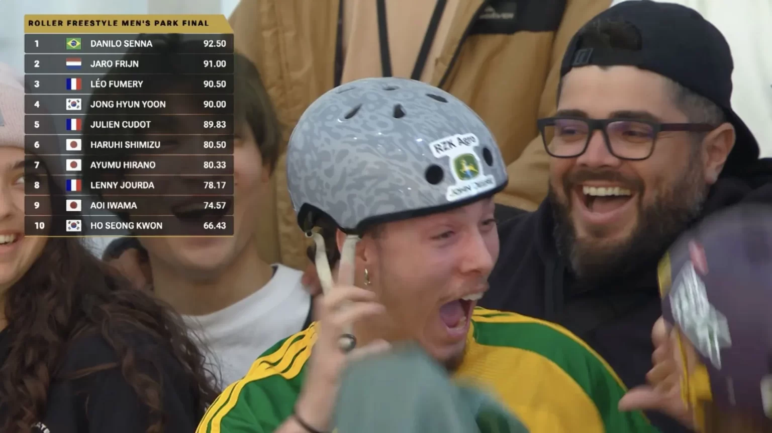 O brasileiro Danilo Sena comemora sua nota, que garantiu a medalha de ouro no Campeonato Mundial Frestyle, Sakai 2025, na modalidade Park masculino - Por: Jean-Marie (Jim) Rouxel – Fonte Linkedin (2025)