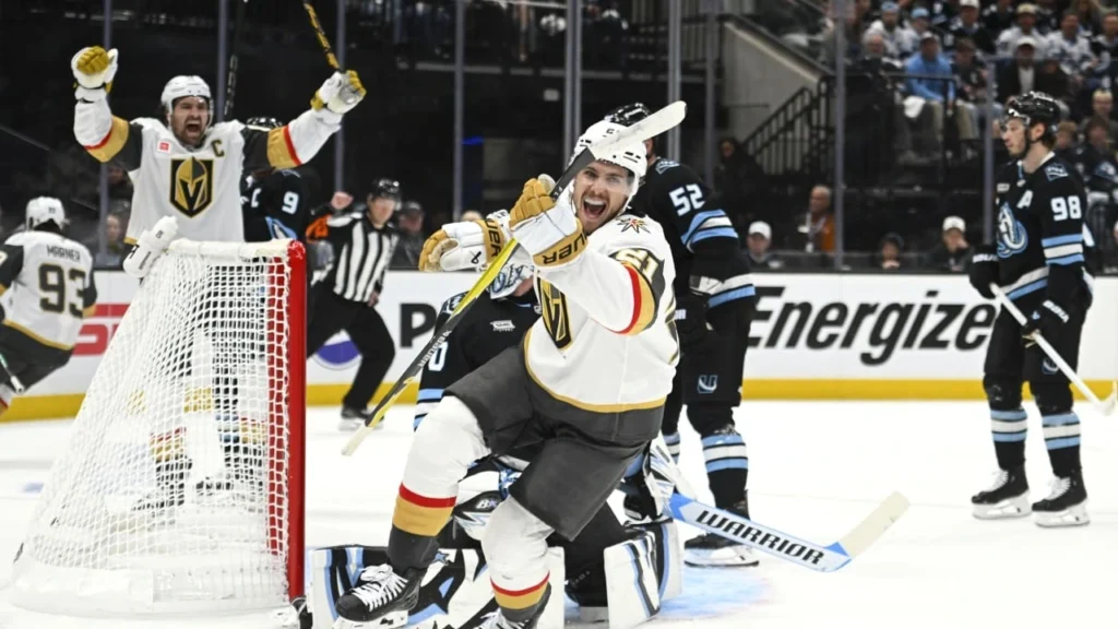 Howden chuta o disco para o gol no jogo 6 - VGK@UTA, jogo 6 – Fonte NHL (2026)