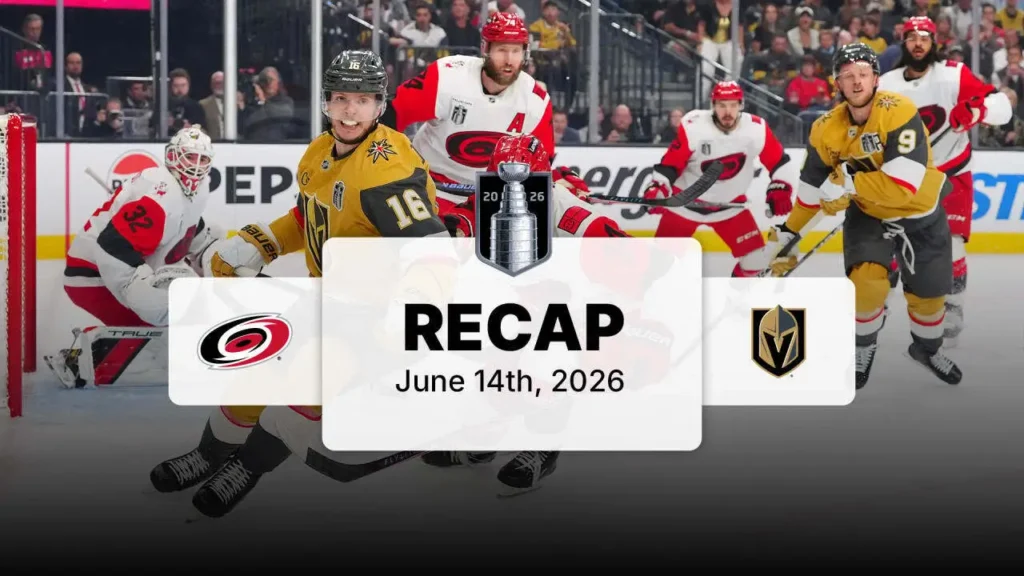 Jogo 6 da final da Stanley Cup 2026 entre as equipes do Carolina Hurricanes e Vegas Golden Knights – Hurricanes at Golden Knights, Game 6, Recap – Por: Dan Rosen / NHL.com Senior Writer – Fonte: NHL (2026).