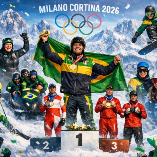 Arte Criada Pelo ChatGPT Plus a pedido da Ice Hockey sobre a participação Brasileira nas Olimpíadas de inverno Milano Cortina 2026