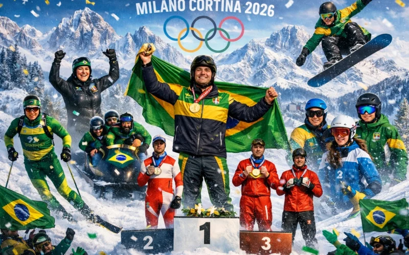 Arte Criada Pelo ChatGPT Plus a pedido da Ice Hockey sobre a participação Brasileira nas Olimpíadas de inverno Milano Cortina 2026