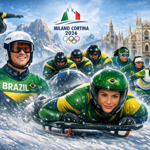 Arte criada pelo ChatGPT 5.2, a partir de especificações passadas pela Ice Hockey Br, sobre a participação Brasileira em Milano-Cortina 2026