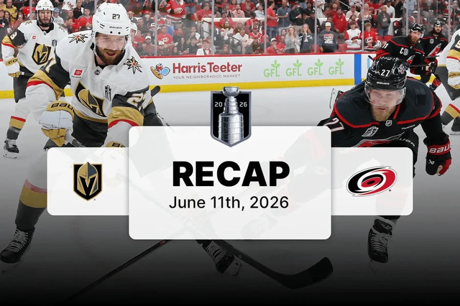 Jogo 5 da final da Stanley Cup 2026 entre as equipes de Vegas Golden Knights e Carolina Hurricanes – VGK@CAR, SCF, Gm 5 – Foto/Reprodução: NHL.com – Fonte: NHL (2026).