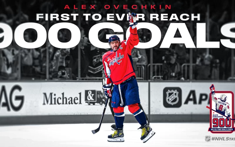 Ovechkin comemora o seu gol de número 900, contra o St. Louis Blues em 05/11/2025 – Fonte Media NHL (2025)