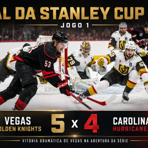 Arte criada pelo Chatgpt, com parâmetros passados pela Ice Hockey Br, sobre o Jogo 1, da final da Stanley Cup 2026, entre as equipes de Vegas Golden Knights e Carolina Hurricanes –Foto: Josh Lavallee / Carolina Hurricanes - Fonte: NHL (2026)