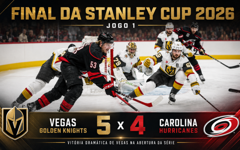 Arte criada pelo Chatgpt, com parâmetros passados pela Ice Hockey Br, sobre o Jogo 1, da final da Stanley Cup 2026, entre as equipes de Vegas Golden Knights e Carolina Hurricanes –Foto: Josh Lavallee / Carolina Hurricanes - Fonte: NHL (2026)