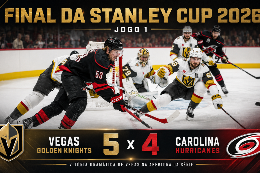 Arte criada pelo Chatgpt, com parâmetros passados pela Ice Hockey Br, sobre o Jogo 1, da final da Stanley Cup 2026, entre as equipes de Vegas Golden Knights e Carolina Hurricanes –Foto: Josh Lavallee / Carolina Hurricanes - Fonte: NHL (2026)